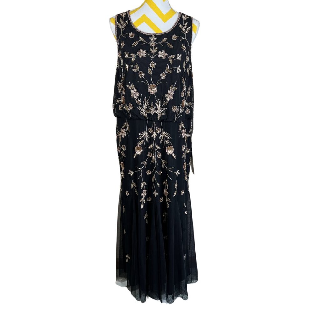 NWT Adrianna Papell Beaded Blouson Dress • Black/Gold • Size 20